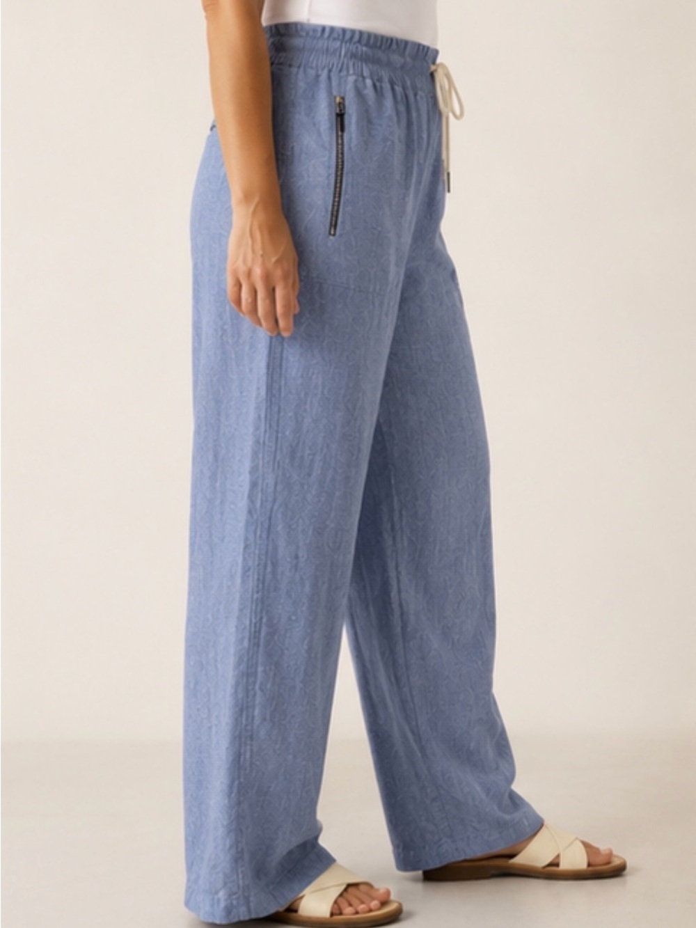 Athleta Cabo Linen Wide Leg Pull On Drawstring Chambray Blue Pants  Size 20 - Picture 3 of 16